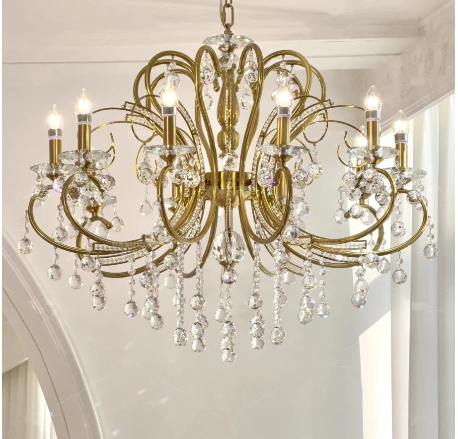 

French Copper Color Crystal Chandelier Candle Style Living Dining Room Hall Hanging Pendant Lamp Indoor Lighting Decora Fixture