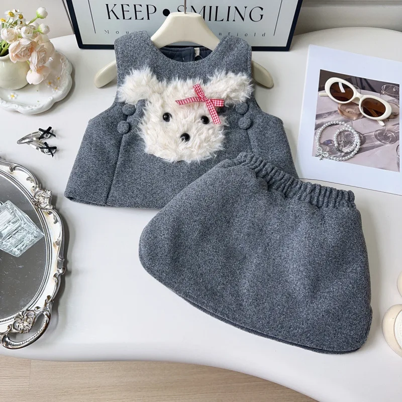

Children's Outfit Girl's Scrawled Puppy Vest Set Winter New Girl's Fleece-Lined Vest and Skirt Two-Piece Set