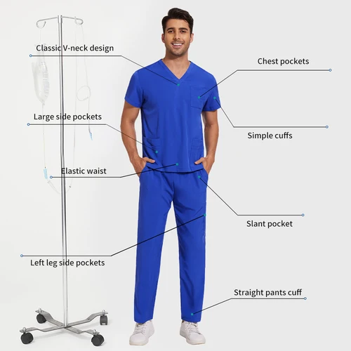 Imagen 2 del producto Uniforme médico para hombre, ropa de trabajo, ropa de trabajo de laboratorio, uniformes para servicio de salud, uniformes para enfermería, manga corta, cuello en V, Tops + traje de pantalones