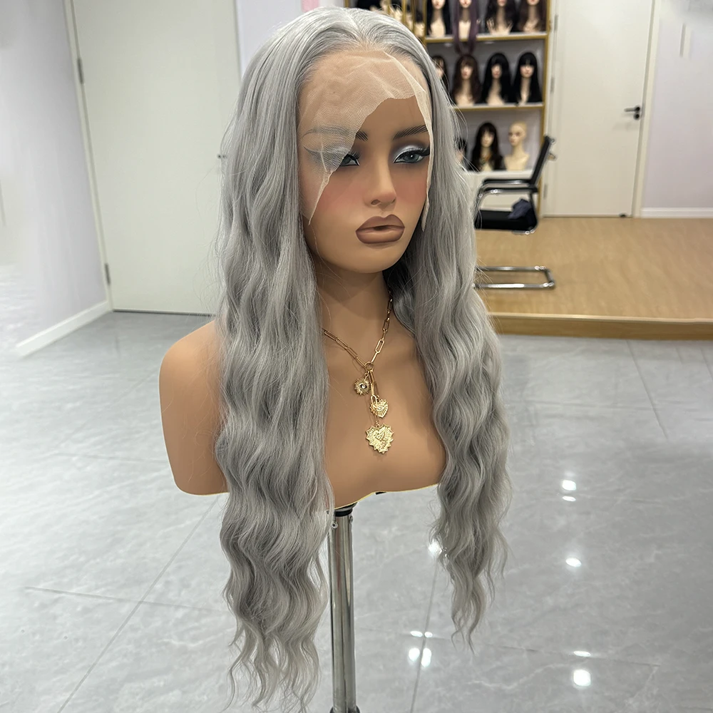 Peluca de encaje sintético de onda larga gris RDY, pelo de encaje ondulado Natural listo para usar, peluca gris, peluca de encaje Frontal sintético para Cosplay para mujer