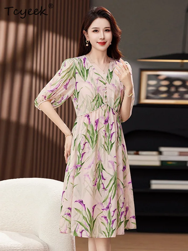 Tcyeek, vestido elegante de seda 100% real, feminino meia manga com decote em v floral, vestidos retrô de deslocamento francês, verão outono 2024 D46037QC