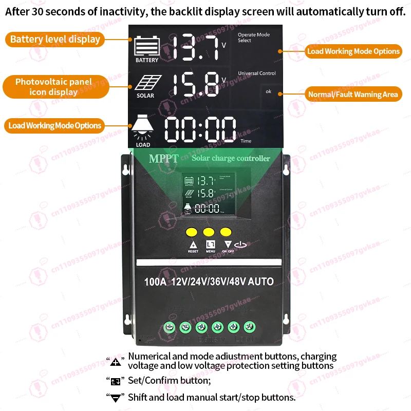 

Контроллер солнечной зарядки MPPT 100 А, 12 В, 24 В, 36 В, 48 В, автоматическое переключение, эффективная адаптация к фотоэлектрической панельной системе