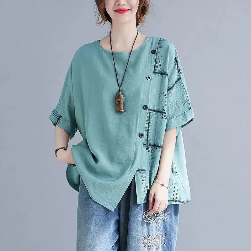 

2026 Summer New Cotton Linen Plus Size T-Shirt Women Loose Fit Asymmetrical Hem Casual Short Sleeve Top Mom oversized Loose Tee