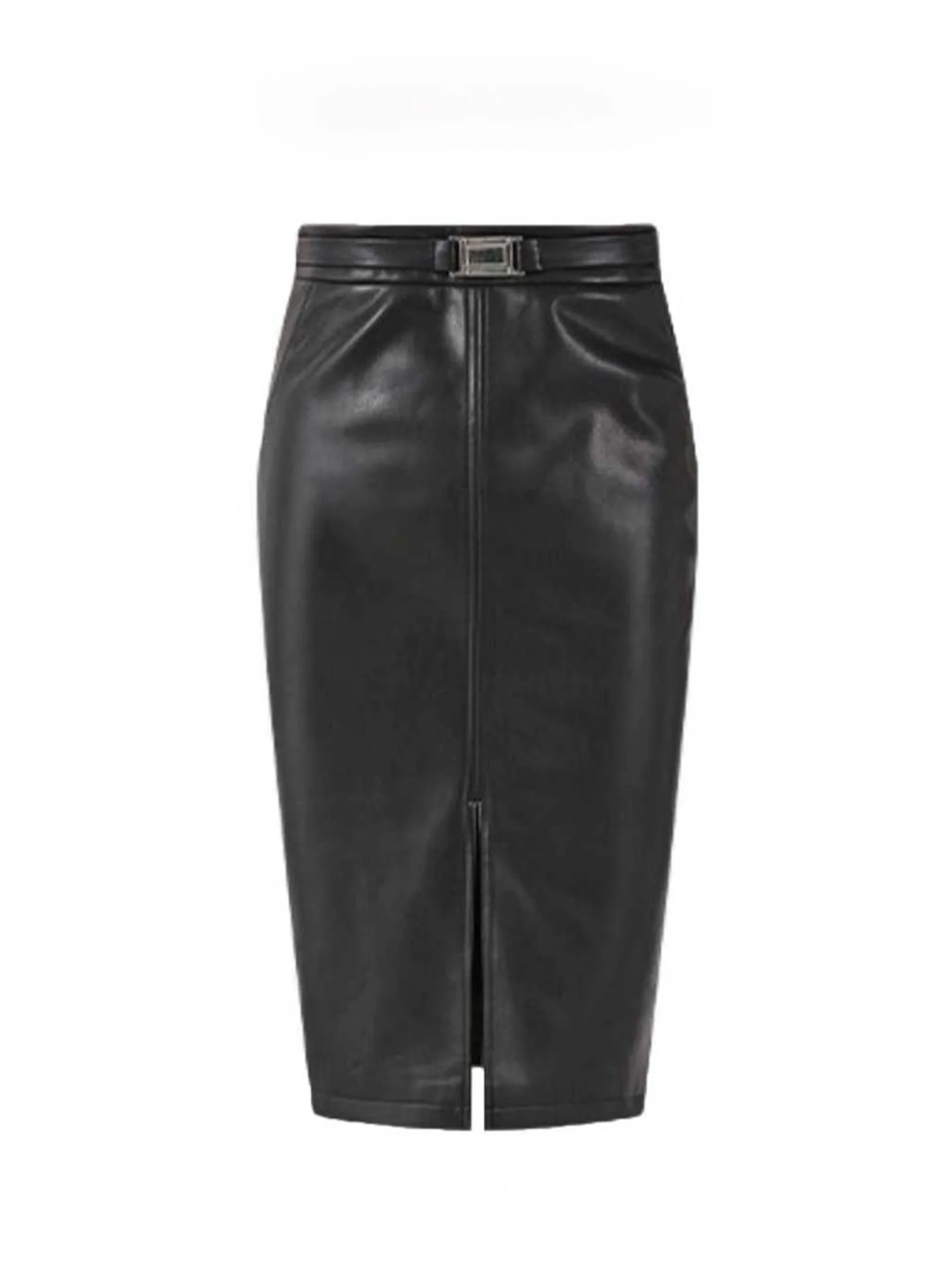 

Черная женская юбка миди из искусственной кожи с высокой талией, асимметричным подолом и разрезом спереди, весенняя модная модель с поясом, стройнящая фигуру