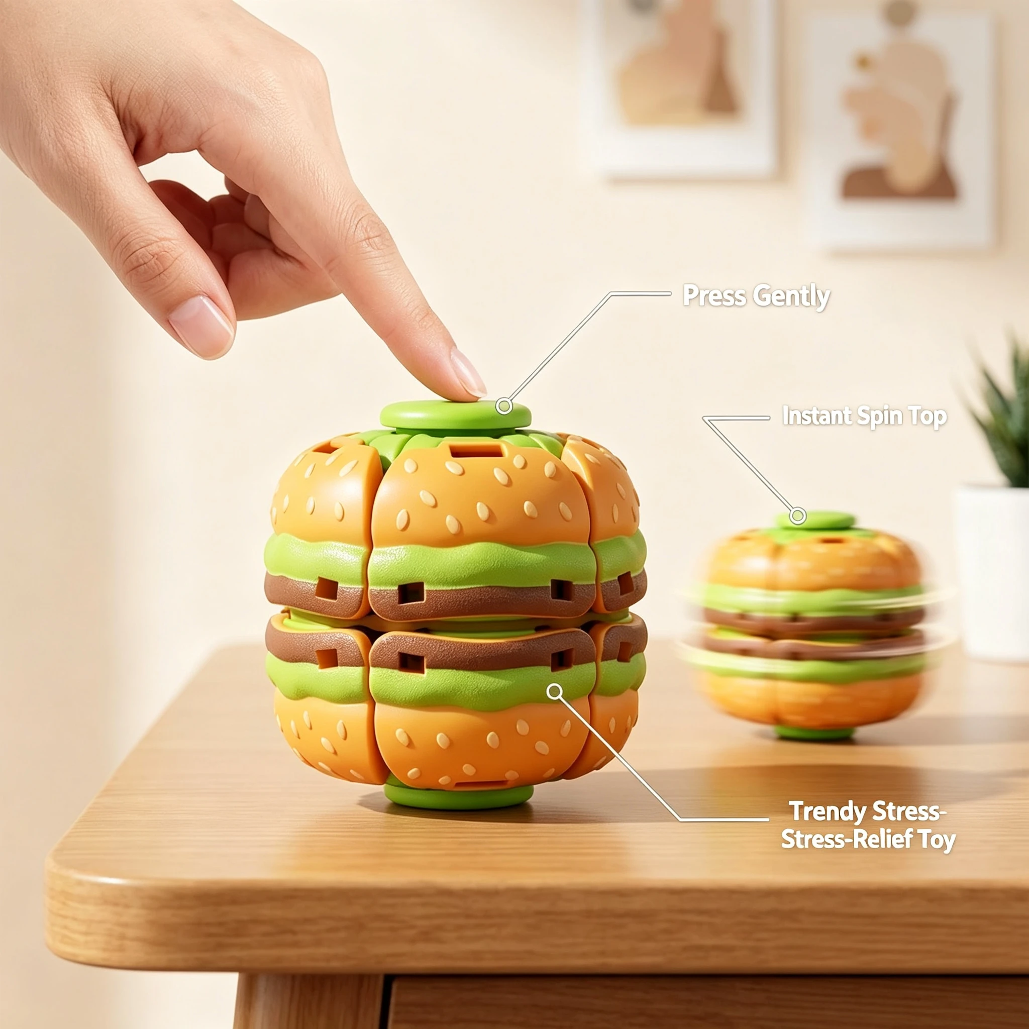 Humburger Fidget Spinner Rotating Stress Ball Quiet Anxiety Calm Down Autism ADHD Focus Press to Spin Decompression Toys Adults