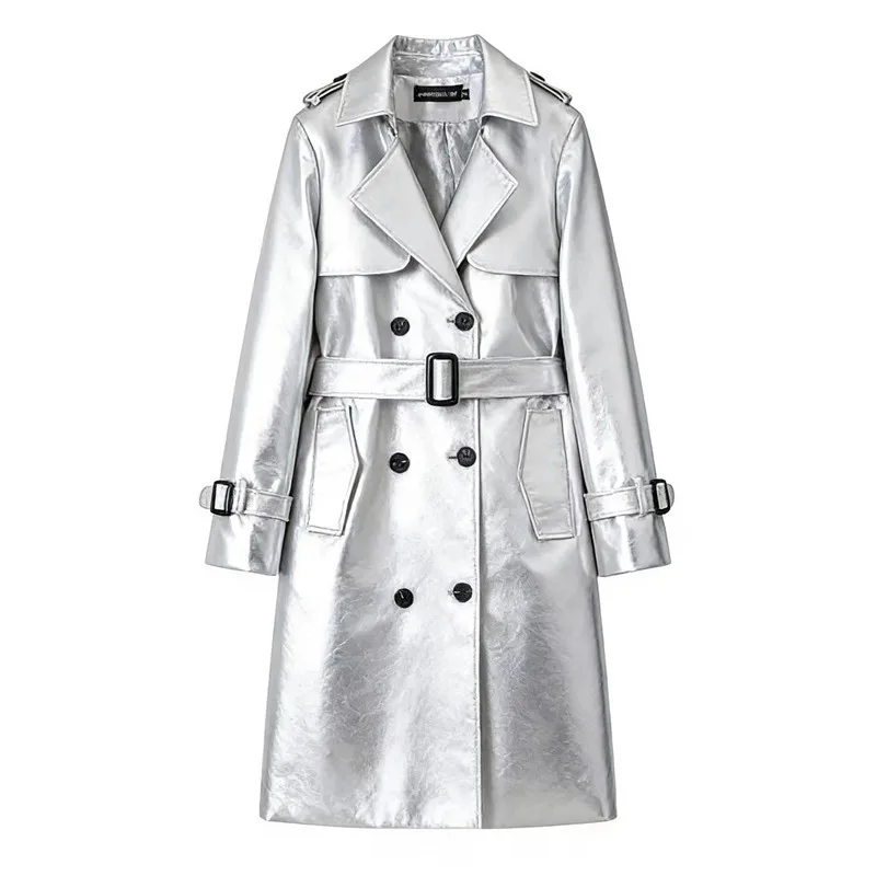 

2026 Fashion Spring Autumn PU Leather Trench Coat Women's Long Windbreaker Double-breasted Sashes Tops Streetwear Loose Overcoat