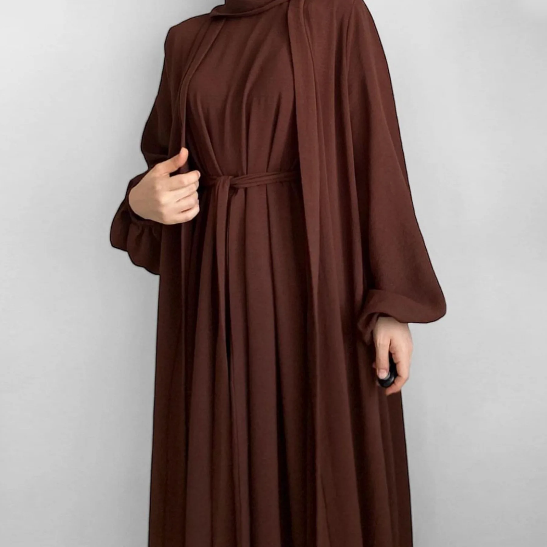 

Комплект Abaya из 2 предметов для мусульманских женщин, одинаковые наряды, платье без рукавов + кимоно, мусульманская одежда, скромный Дубай, Турция Рамадан, ИД