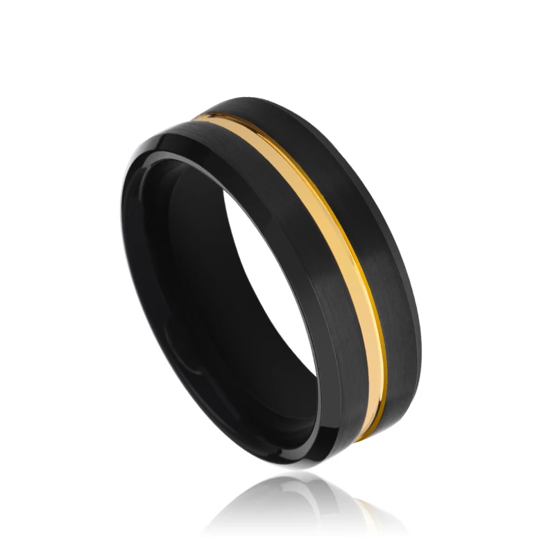 8mm Width Black Rings for Men Tungsten Carbide Band Black/Gold Plating Groove Surface Design Size 7-13 Free Engraving