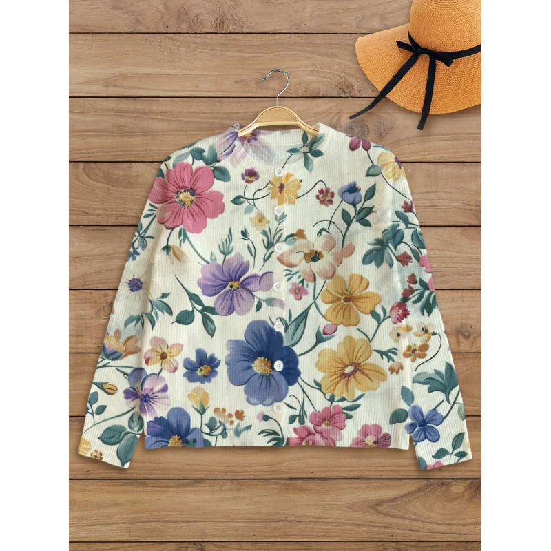 

Элегантный женский свитер с цветочным принтом и ботаническим цифровым принтом, вязаный кардиган, свободный крой, с круглым вырезом, с длинными рукавами, на пуговицах, утолщенная осень