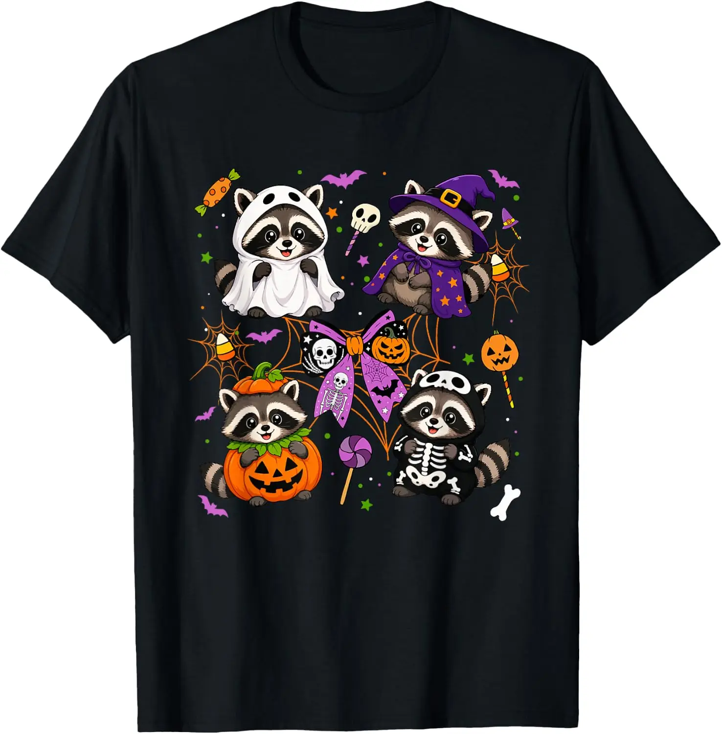 Raccoon Pumpkin Bow Ghost Funny Halloween T-Shirt vintage style tee  boxy fit tee black graphic tee 100% cotton men