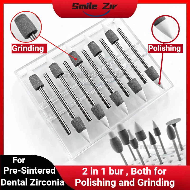 

Dental Lab Pre-Sintered Zirconia Restoration Grinding and Polishing Burs 2-in-1 Green State Zirconia Rotary Finishing Hand Tools
