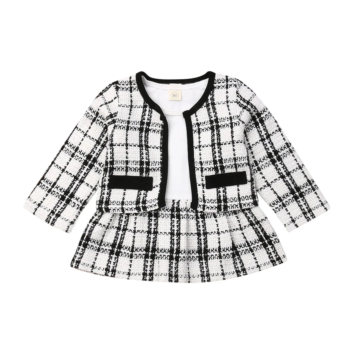 2Pcs Infant Baby Girl Plaid Cardigan Long Sleeve Shirt Dress Patchwork A-line Skirt Sets