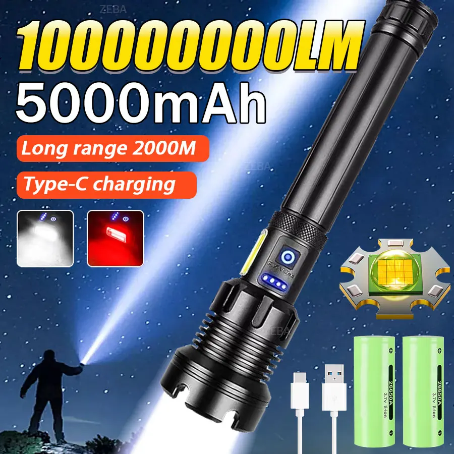 

Супермощный светодиодный фонарь XHP390 2025 года, тактический, перезаряжаемый через USB, с аккумулятором 26650, зум-фонарь для кемпинга, водонепроницаемый, для охоты