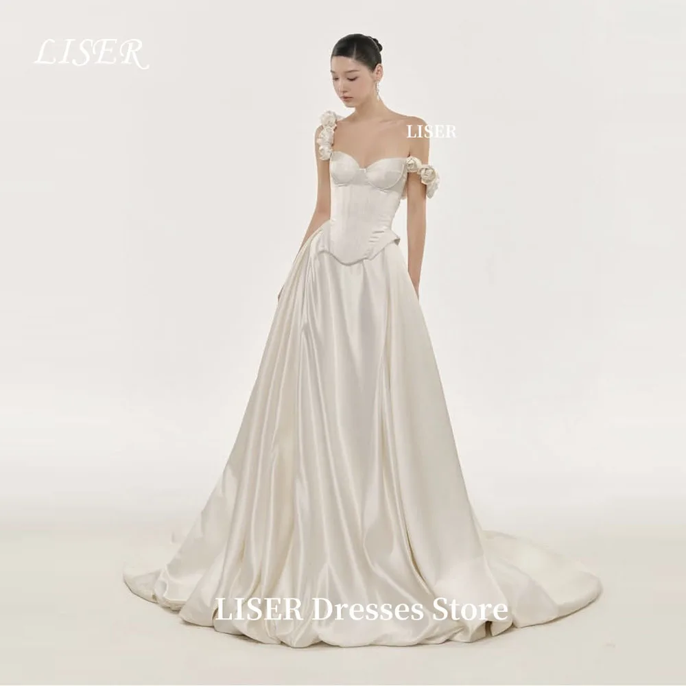 

Liser Sweetheart Flowers A-Line Simple Wedding Dresses Silk Satin Photo Shoot Customize Elegant Bridal Gowns robe de soirée