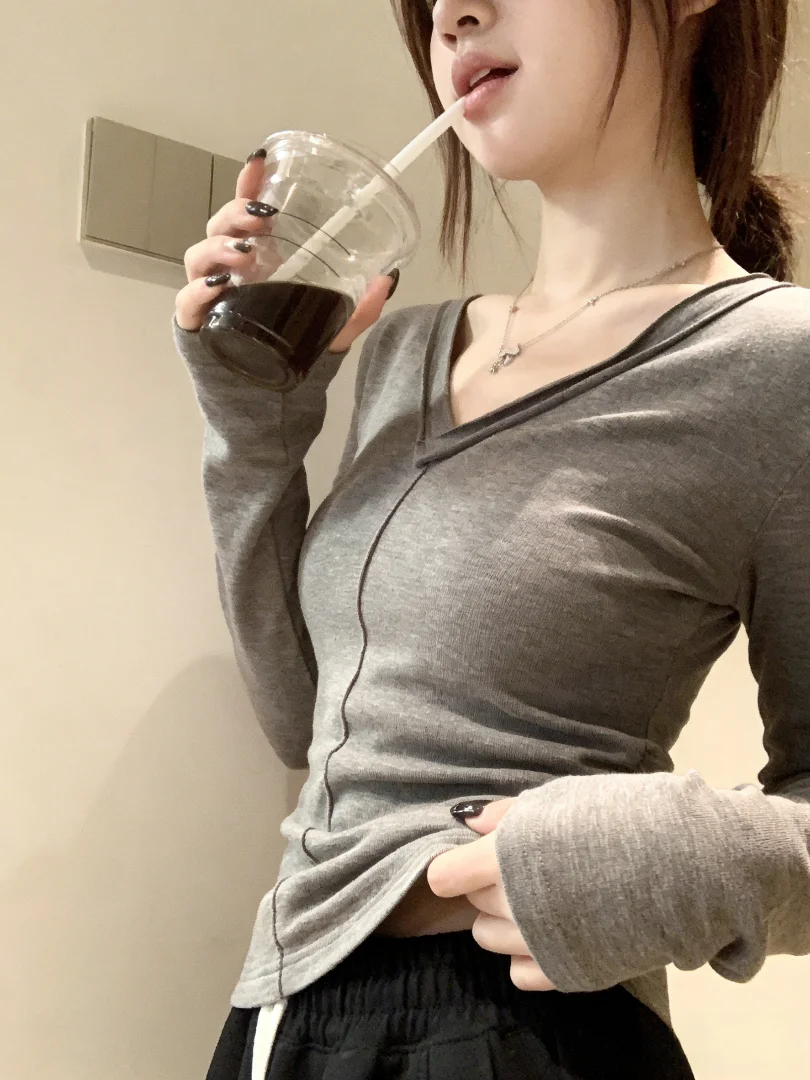 

NUOMICI Gray V-neck Long Sleeve Knitwear T-shirt Fall Winter for Women's Clothing Simple Trendy Soft Base Layer Female Top