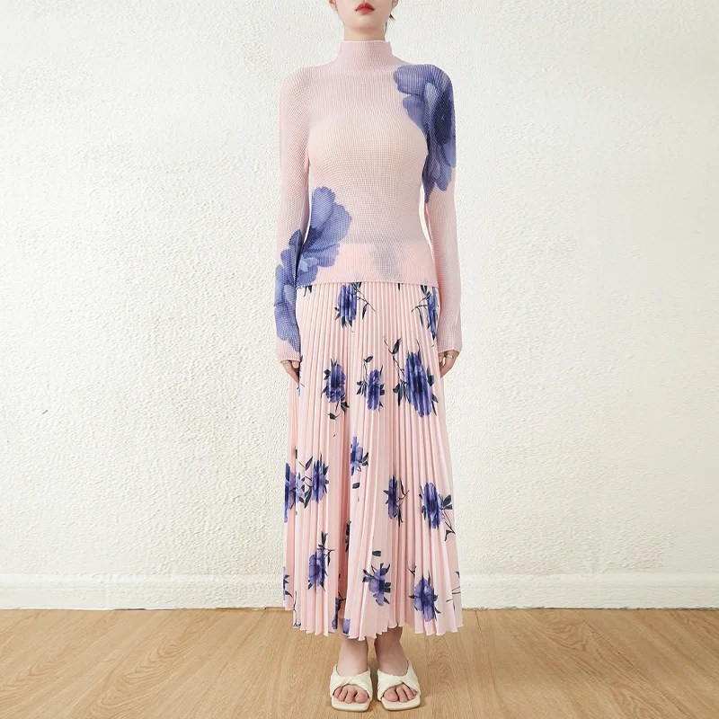 2025 Summer Women's Printed Pleated 2 Piece Set - Long Sleeve Shirt and Pleated Skirt