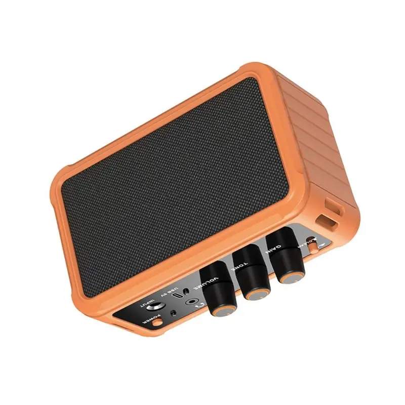 ABZW Mini Electric Guitar Amplifier 10W Dual Speakers Rechargeable Guitar Amp Overdrive Function For Practice Travel Orange