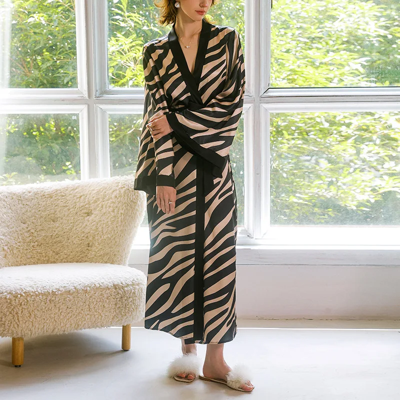 Zebra Print Kimono Gown Satin Loungewear Women Sexy Nightwear Ice Silk Intimate Lingerie Pajamas Sleepwear Rayon Home Clothes
