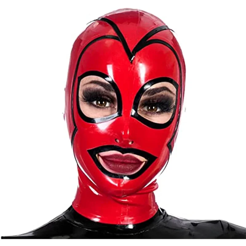 

Latex Hoods Sexy Fetish Women Rubber Mask Handmade Red with Black Trim Mask Sexy Lingerie Headgear Halloween Cosplay Costumes