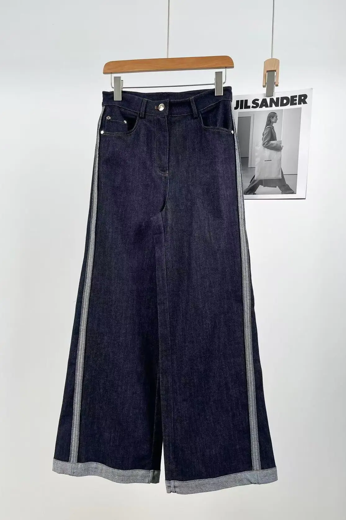 

Spring And Summer New High Waist Stitching Wide Leg Denim Trousers Fashionable Simple Casual Trousers For Women