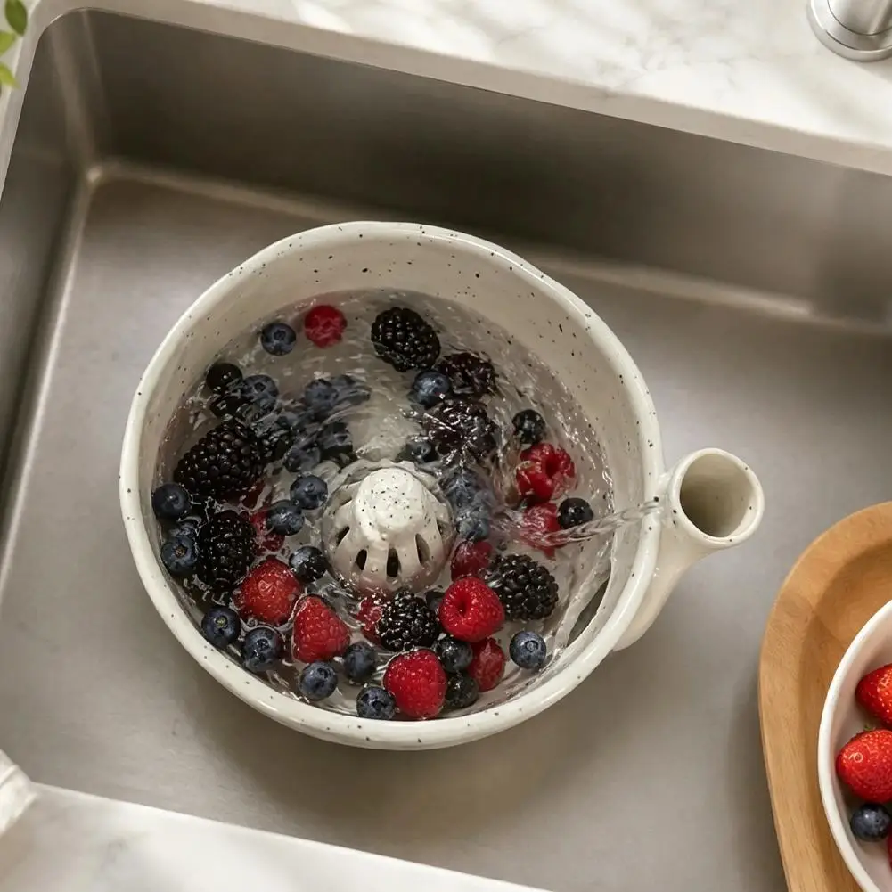 Berry Washing Bowl Ceramic Spinning Colander Strainer Drain Basket Fruit Vegetable Washer Rinser Salad Spinner Kitchen Gadget - view 5