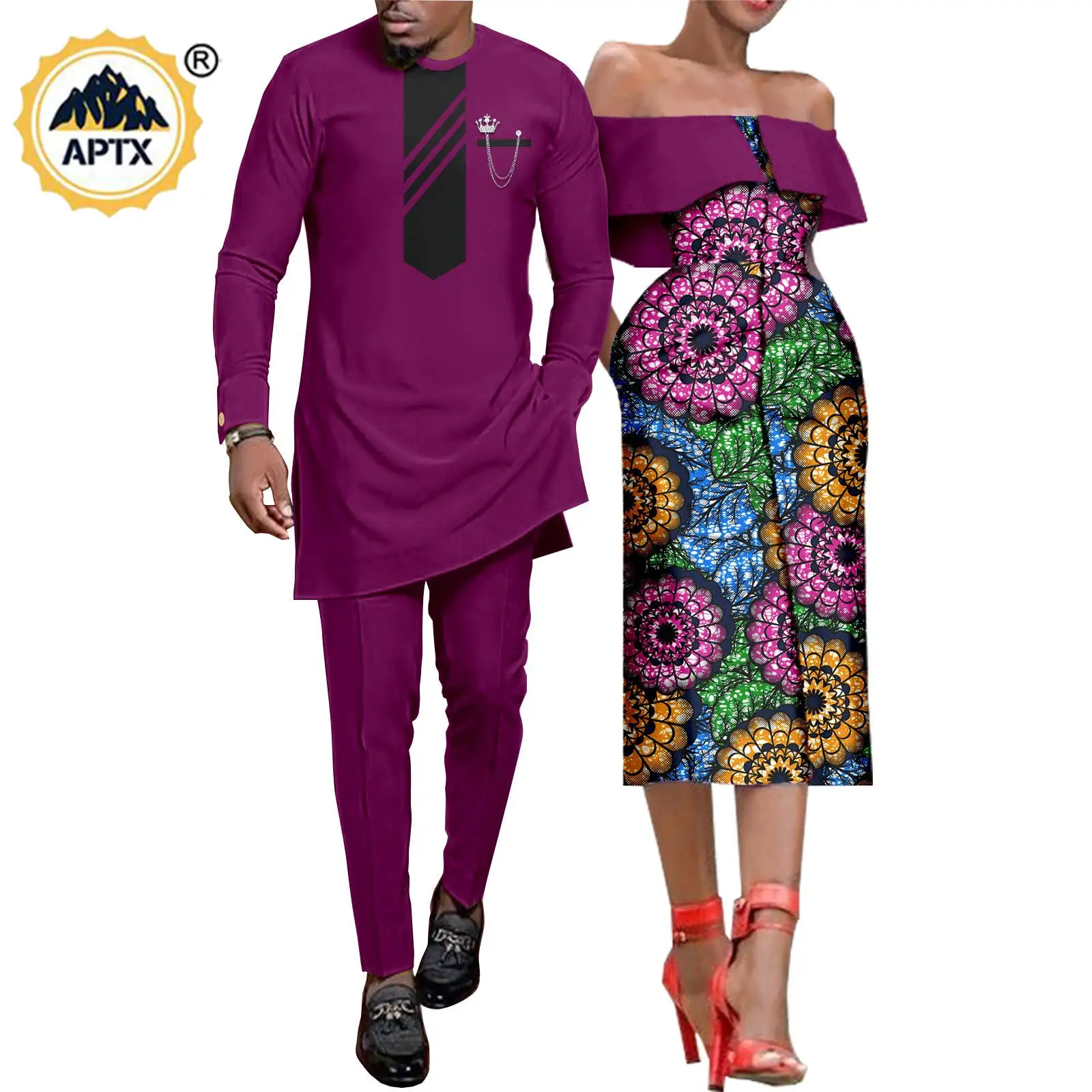 African Clothes for Couple Women Print Off Shoulder Dresses Matching Men Outfits Dashiki Long Vest Shirt and Pants Sets Y22C053