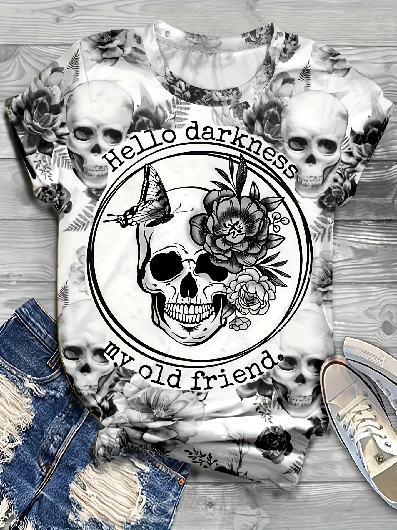 Women Hello Darkness My Old Friend Print T‑Shirt Skull Rose Butterfly O‑Neck Short Sleeve Tops