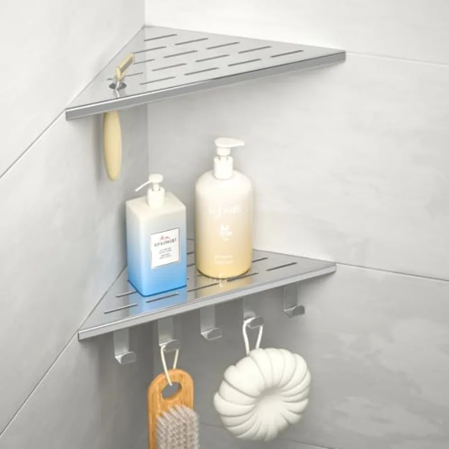 

10'' Corner Shower Shelf, 304 Stainless Steel Shelves for Bathroom, Grout in Shelf with Hooks for Tiled Wall