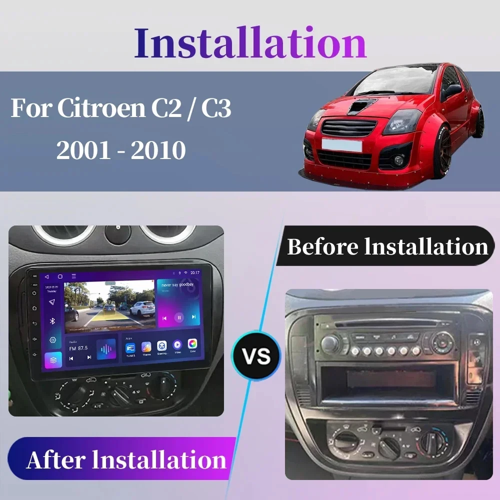 Android 14 For Citroen C2 C3 2001 2002 2003 - 2010 Car Radio Carplay Multimedia Monitor Screen Stereo Radio Video Player GPS