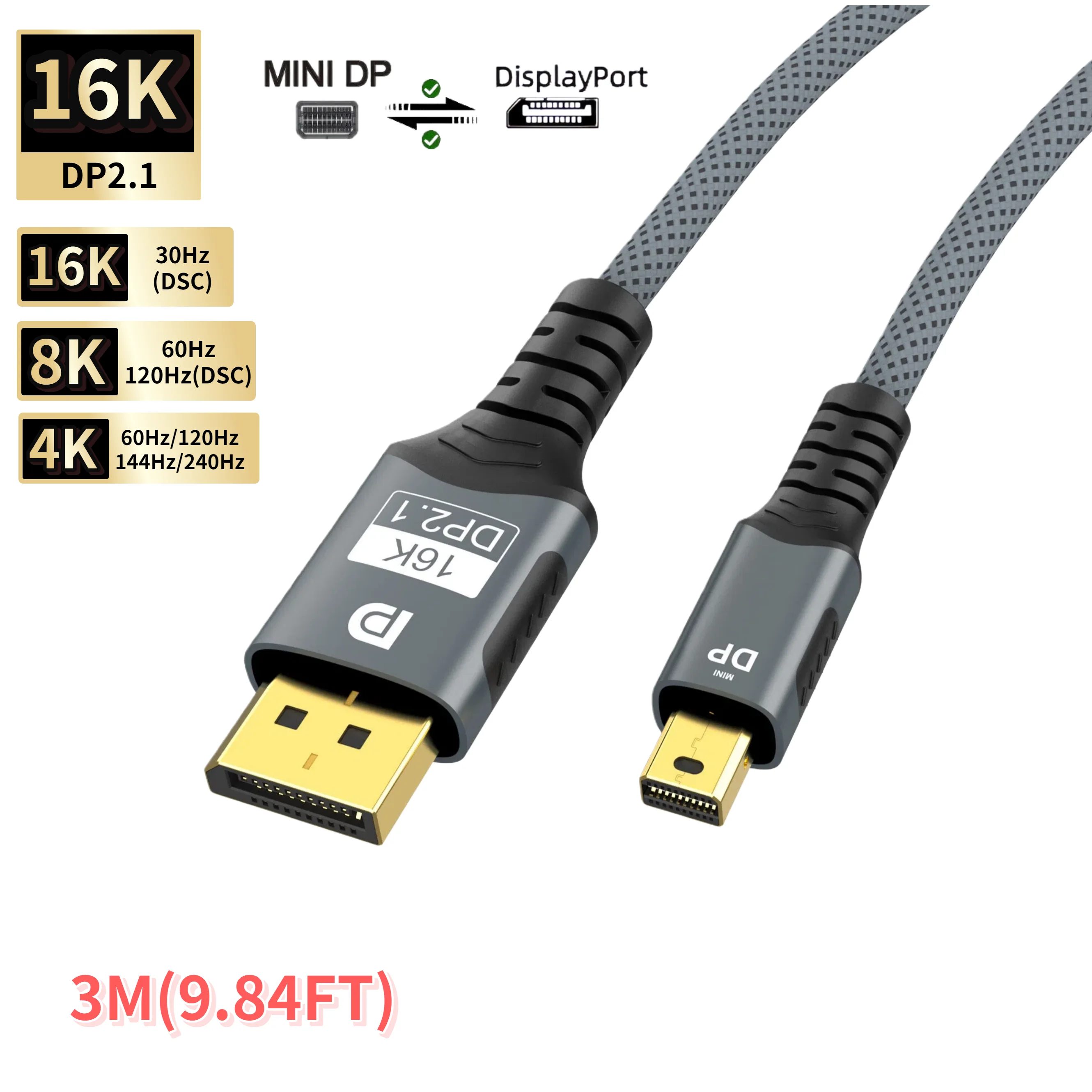 Mini DisplayPort naar DP-kabel DP2.1 bidirectionele conversie-adapter 16K @ 60Hz 4K @ 144Hz voor gaminglaptop MacBook Air-projector