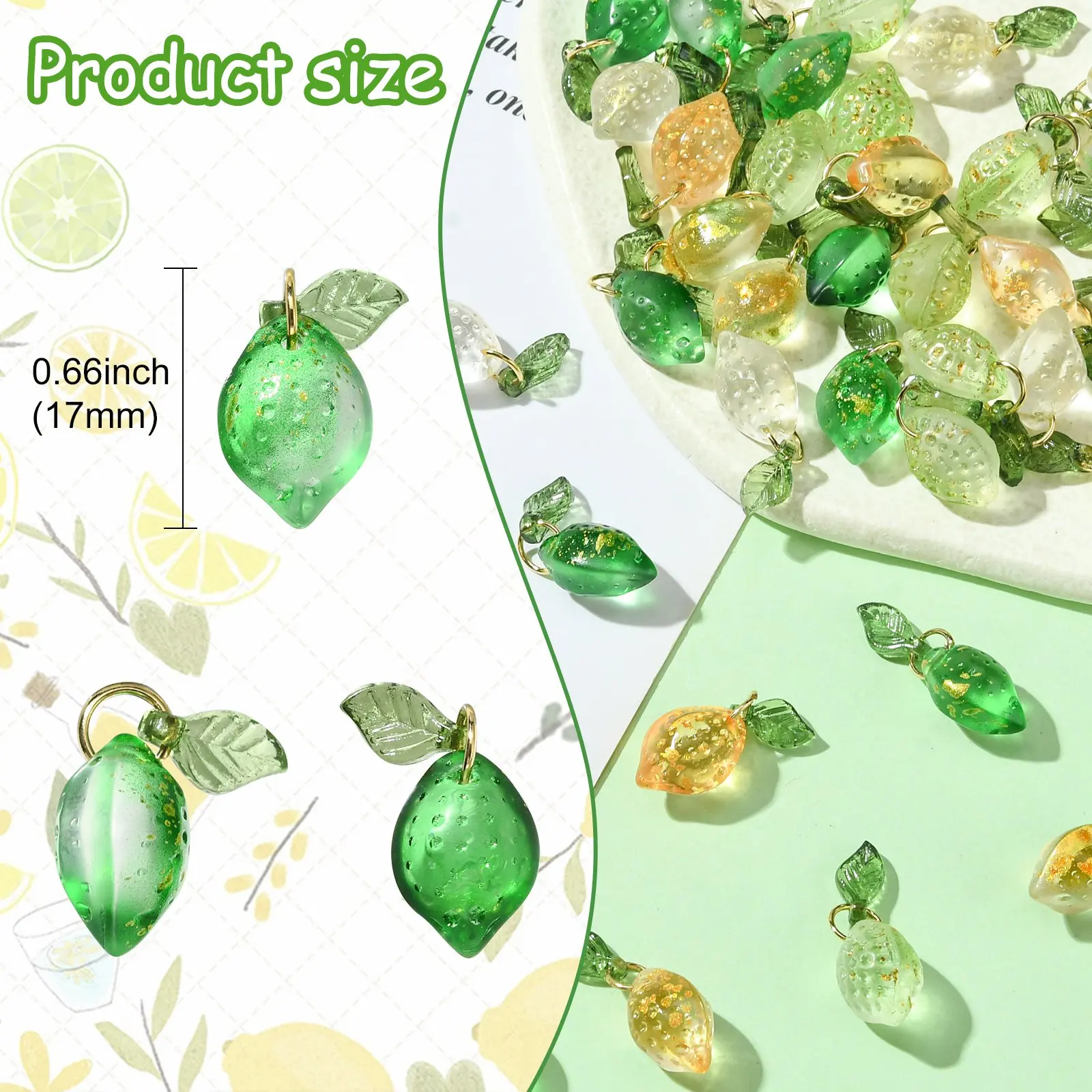 Pandahall 50Pcs 5 Colors Lampwork Fruit Charms Glass Crystal Lemon Charms Imitation Food Dangle Pendant for Jewelry Making