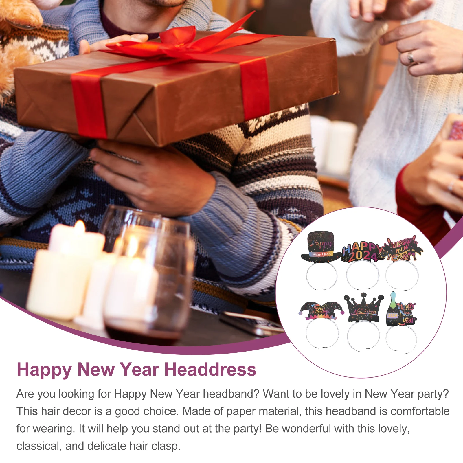 6Pcs Happy New Year Headband New Year Themed Hair Hoops Party Hair Accessories Photo Booth Props Party Favors Photo Booth Props