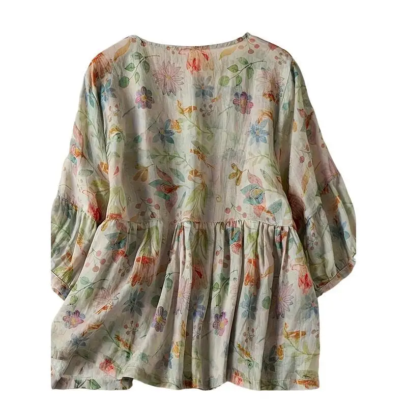 

Cotton Linen Print Blouse Doll Shirt Floral Print Princess Sleeve Women's Spring Summer Casual Comfortable Fit Blouse