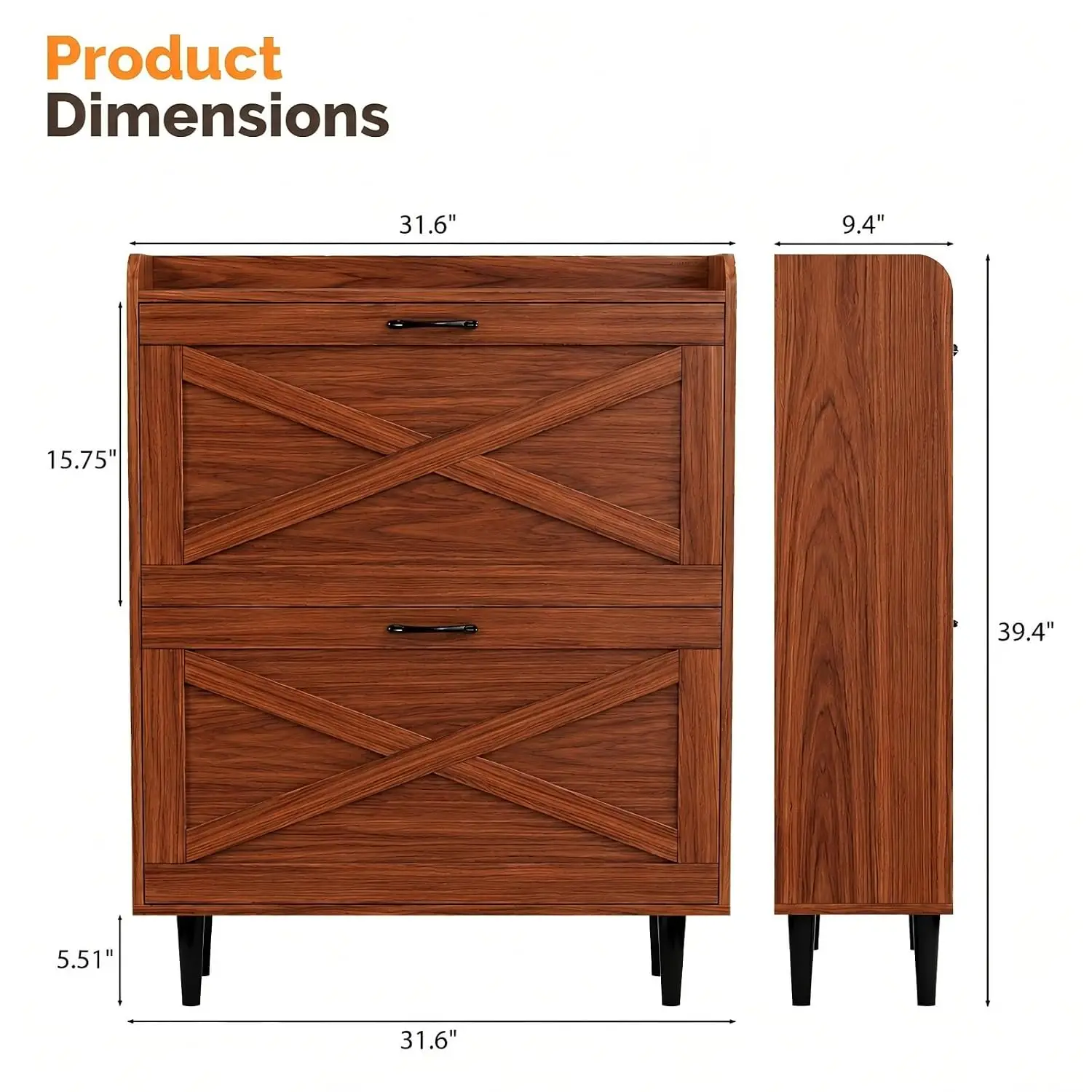 Slim Shoe Cabinet 2 Flip Drawers Freestanding Hidden Organizer Wood Legs Entryway 31.6