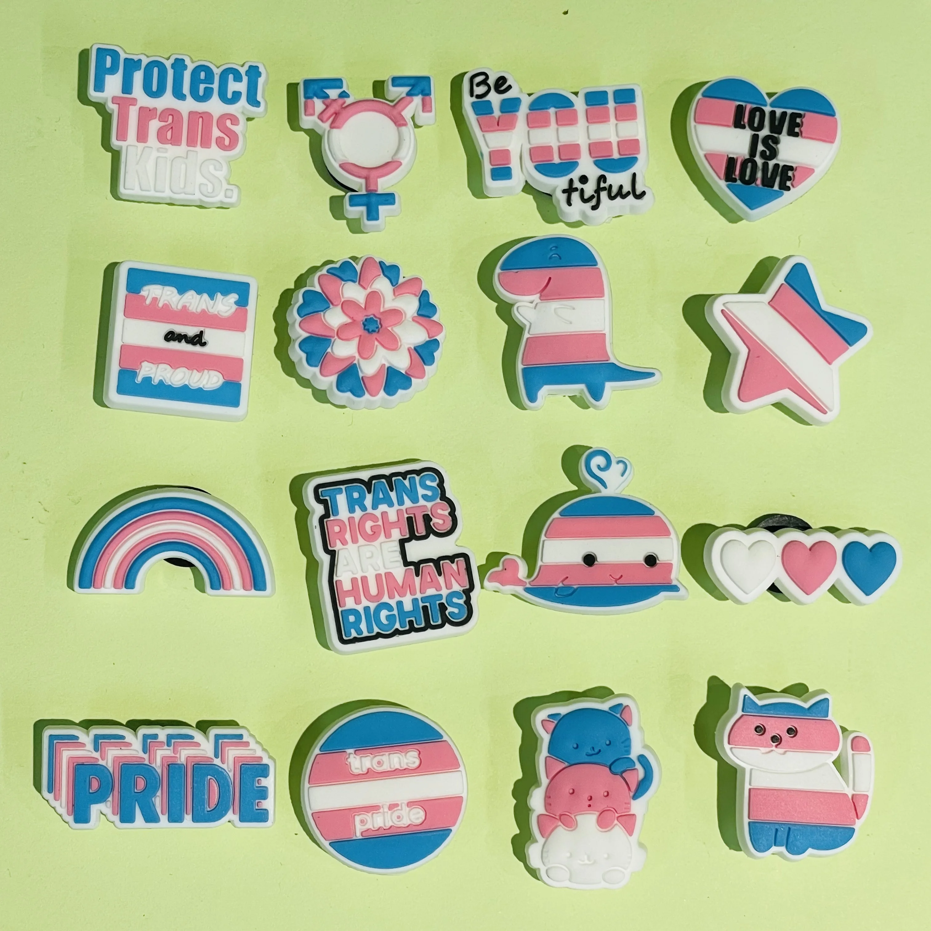 

16Pcs Trans Pride Love is Love PVC Shoes Charms Accessories Rainbow Star Cat Adult Sandal Buckle DIY Wristband