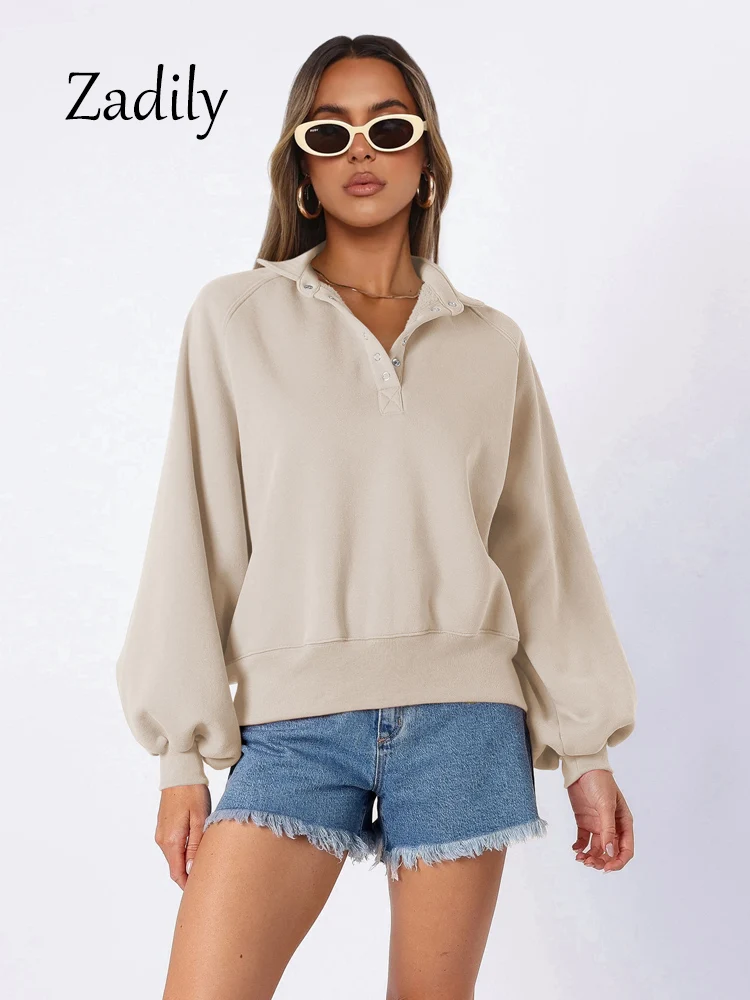 

2024 Autumn Streetwear Long Sleeve Women Hoodies Minimalist Turn-Down Collar Ladies Tops Casual Solid Color Female Sweatershirt