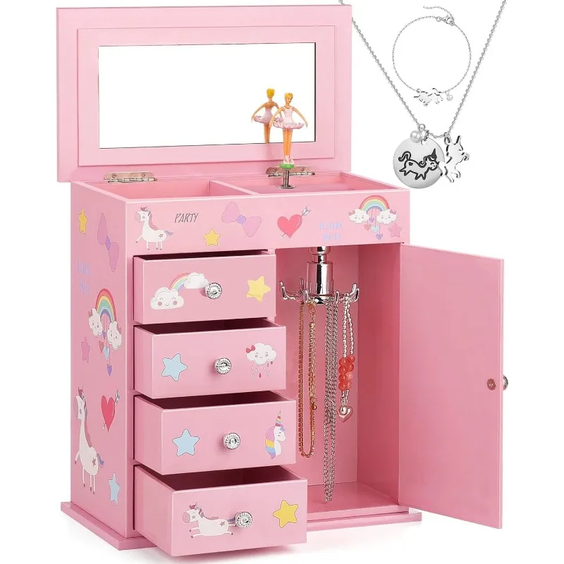 Upgrade Jewelry Box for Girls 5-Layer 9.09x5x9.84 inch with Swing Door Spinning Ballerina Unicorn&Castle Design with Unicorn