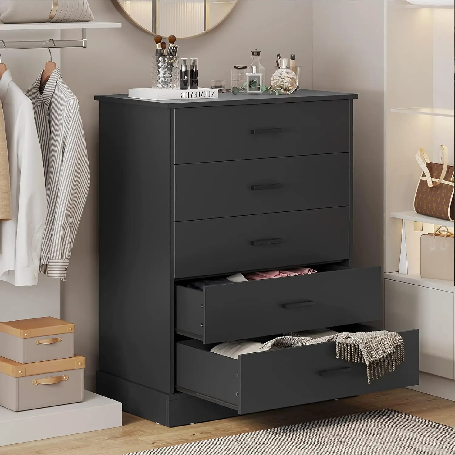 Tocador negro para dormitorio, 5 cajones con Base resistente, gabinete de almacenamiento de gran capacidad de madera, cofre alto de 5 cajones