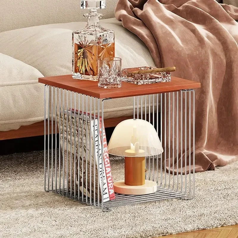 Stainless Steel Wrought Iron Coffee Table Side Table Combo Minimalist Line Design Book Newspaper Storage Household Creative