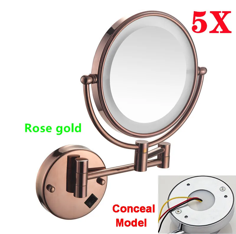 Rose Gold Led Opvouwbare Badkamerspiegel Wandmontage Verlichte Home Hotell Badkamer Make-upspiegel 5X Vergrotende Plug Badspiegels