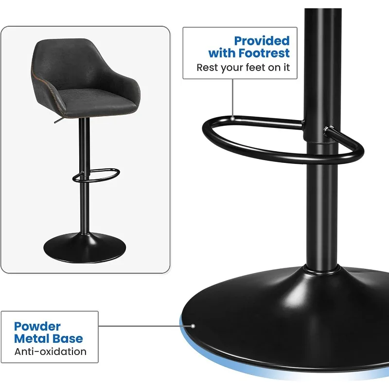 Conjunto de 4 bancos de bar, bancos de bar giratórios de couro PU com altura de balcão, cadeiras de bar ajustáveis com encosto e apoio para os pés