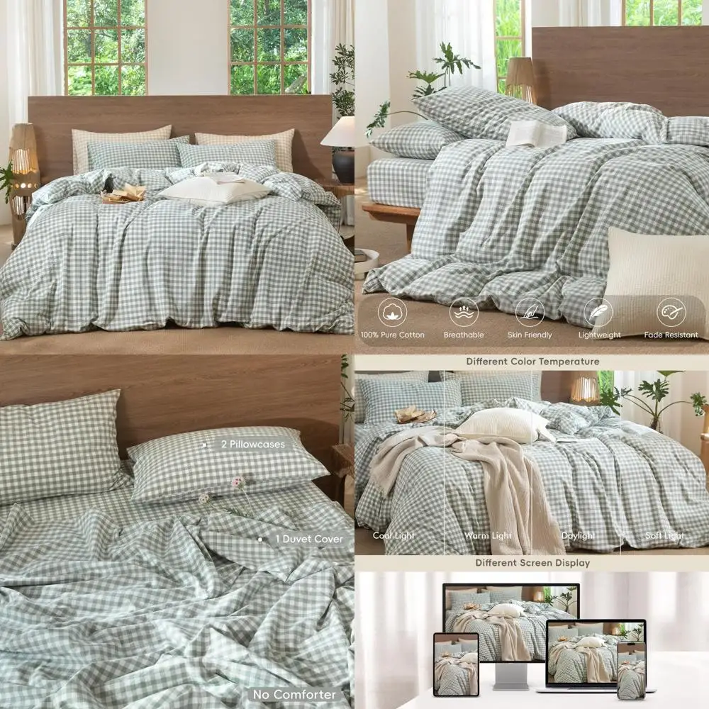 

100% Cotton Washed Linen Texture Duvet Cover Set - Breathable, Durable, Soft, Modern Checkered Design for Comfortable Sleep