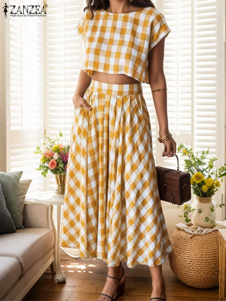 

ZANZEA Vintage Plaid Sets Women Short Sleeve Tops Long Skirts Elegant Office Work Outfits 2025 Casual Dress Suits Matching Sets