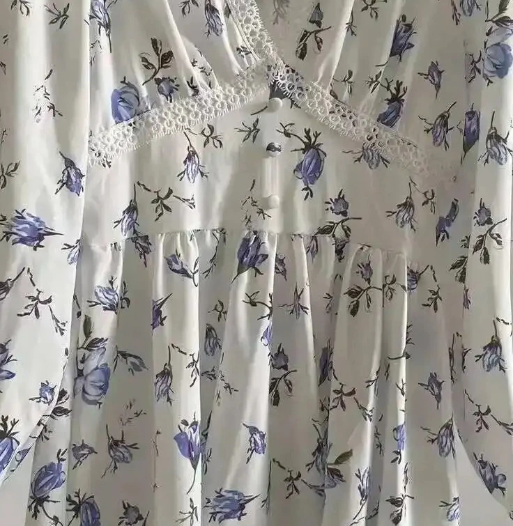 Mini abito da donna con stampa floreale a vita alta A-Line abiti estivi a maniche lunghe con scollo a V abiti casual da vacanza al mare vintage