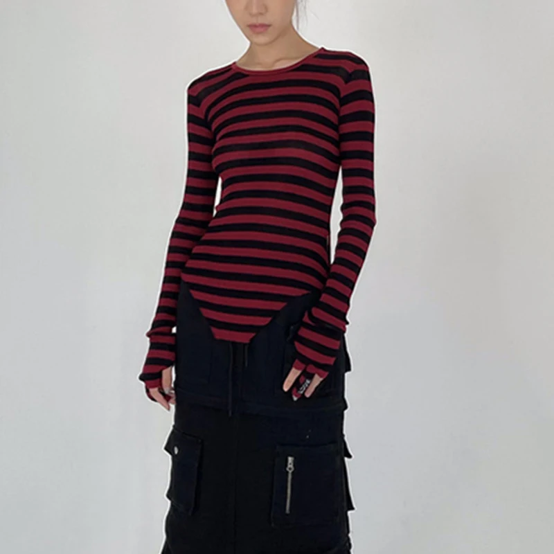 Spring Autumn Striped Irregular Slim Sweater Lady Punk Style Streetwear Y2K Pullover Top Women Long Sleeve Casual Fashion Jumper