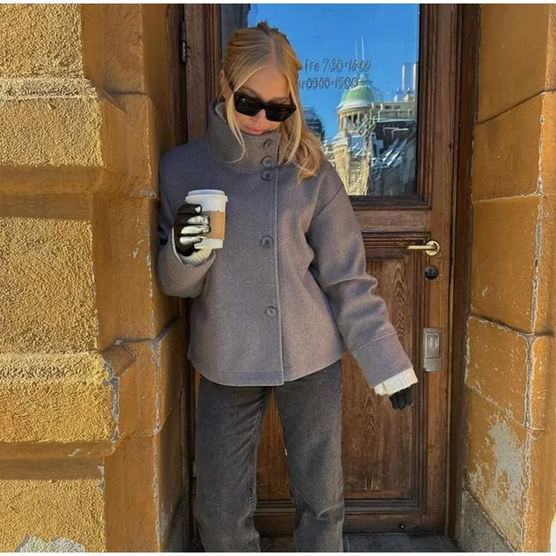 Women Fashion Stand Collar Woolen Jacket Single Breasted Long Sleeve Female Coat 2025 Autumn Chic Street Office Short Outerwears