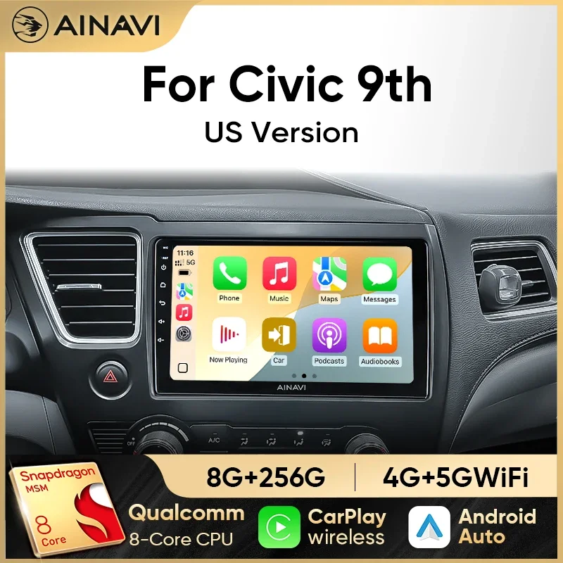 Ainavi Car Radio for Honda Civic 9 9th US Sender Coupe CarPlay Android Auto Qualcomm Car Stereo Multimedia Player DSP 48EQ 2 Din