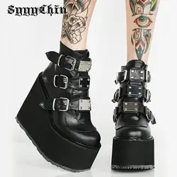 Women Ankle Boots Platform Wedge Super High Heel Metal Heart Laser Female Pumps Ladies Belt Round Toe Lolita Punk Harajuku Shoes