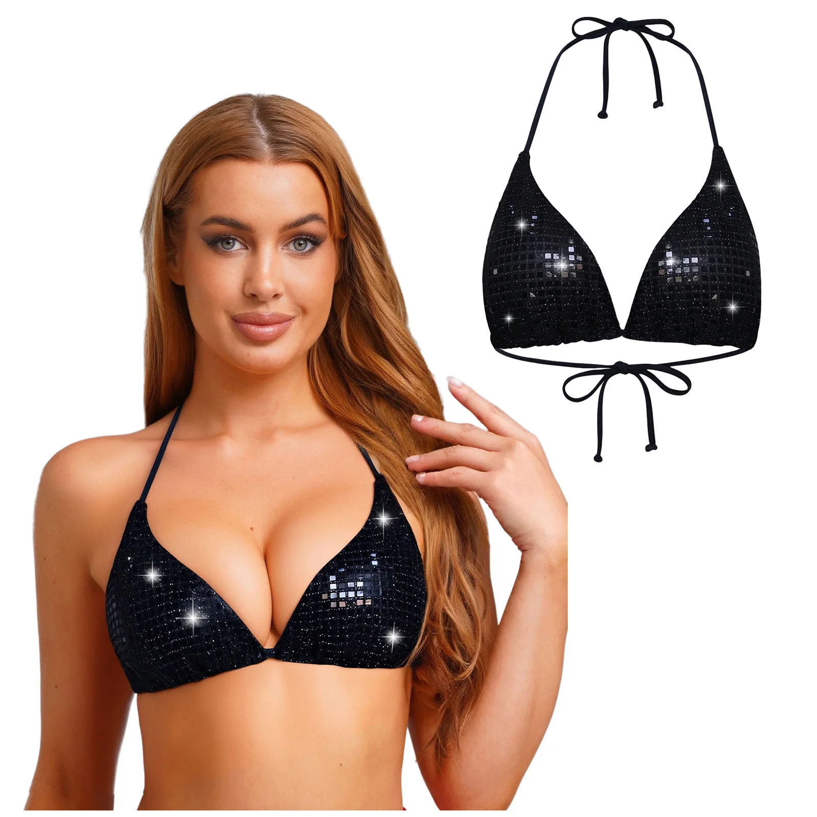 

Women Metallic Lace-up Bikini Bra Top Triangle Cup No-wire No-Pad Lace-up Shiny Bra Top Beachwear Swimsuit Underwear Brassier