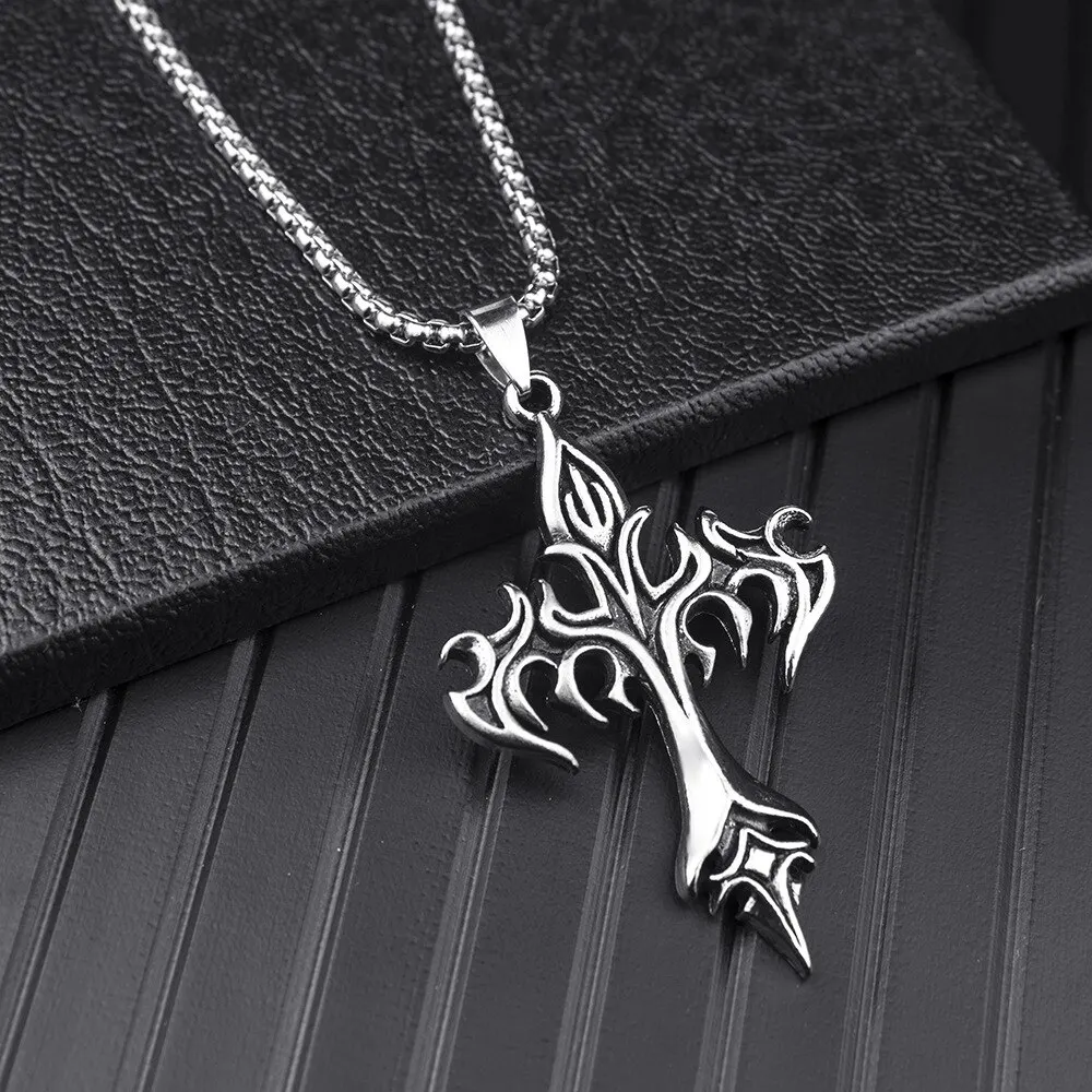Stainless Steel Necklace Flame Retro Cross Titanium Steel Casting Men Pendant Necklace Type image 4